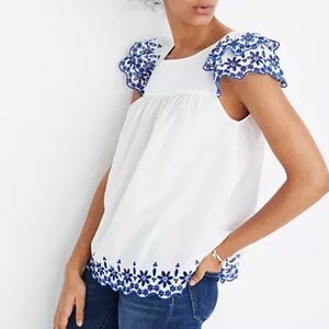 Madewell white top, blue embroidery